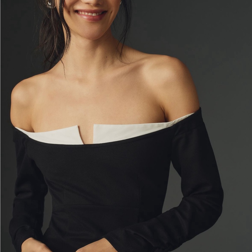 Anthropologie off the shoulder long sleeved twofer mini Little Black Dress - Picture 4 of 9